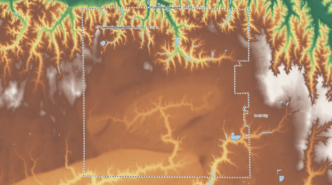 Topographic elevation map of Olive Township, Nebraska, shaded from 1,500 ft on the northwest side to 1,650 ft on the northwest side