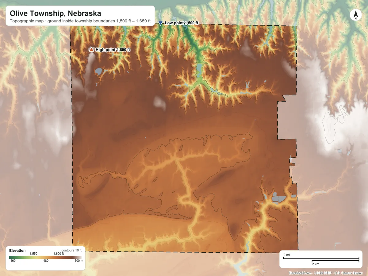 Topographic elevation map of Olive Township, Nebraska, shaded from 1,500 ft on the northwest side to 1,650 ft on the northwest side