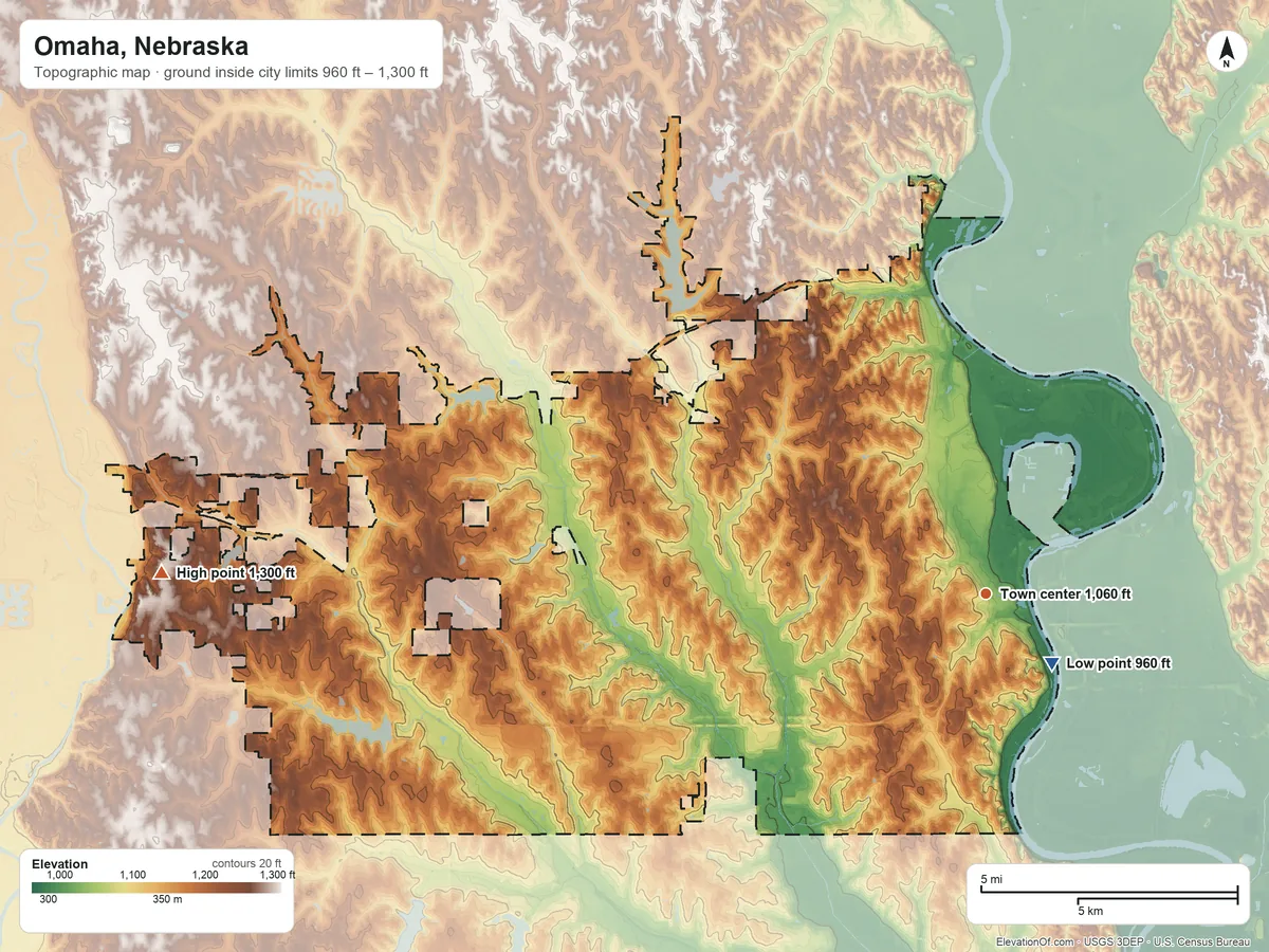 Topographic elevation map of Omaha, Nebraska, shaded from 960 ft near the middle to 1,300 ft on the west side