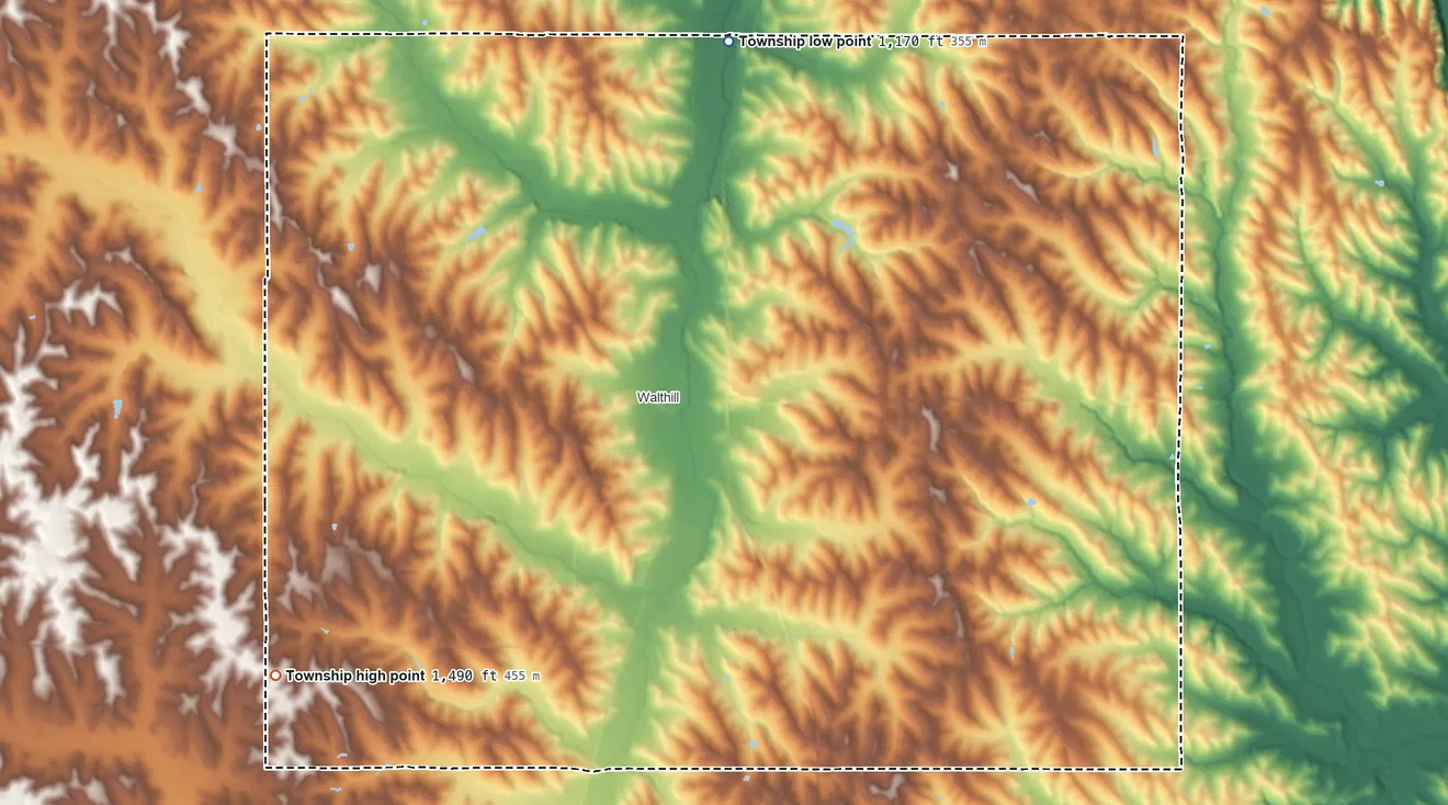 Topographic elevation map of Omaha Township, Nebraska, shaded from 1,170 ft on the north side to 1,490 ft on the southwest side