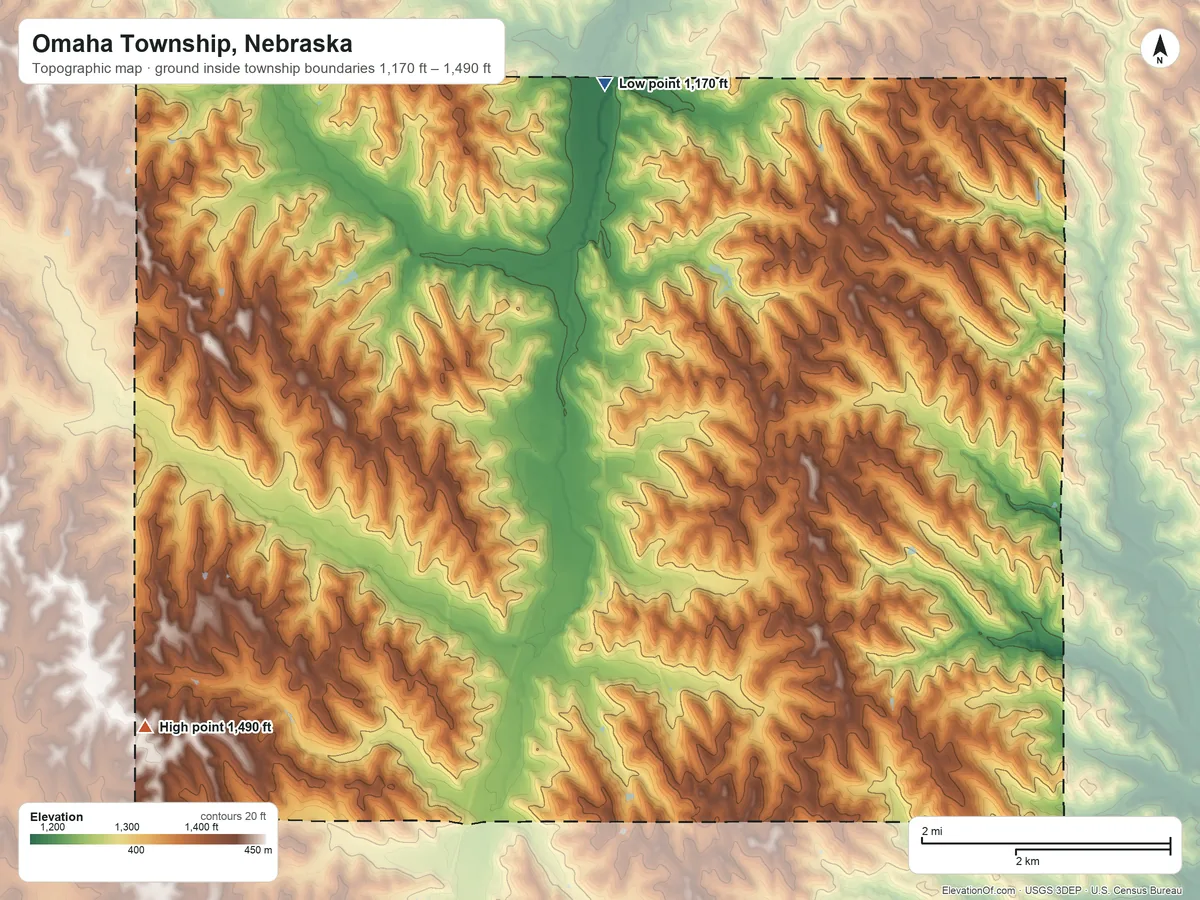 Topographic elevation map of Omaha Township, Nebraska, shaded from 1,170 ft on the north side to 1,490 ft on the southwest side