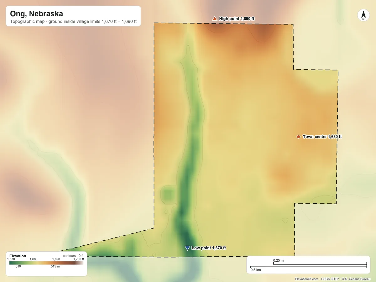 Topographic elevation map of Ong, Nebraska, shaded from 1,670 ft on the southwest side to 1,690 ft on the northwest side