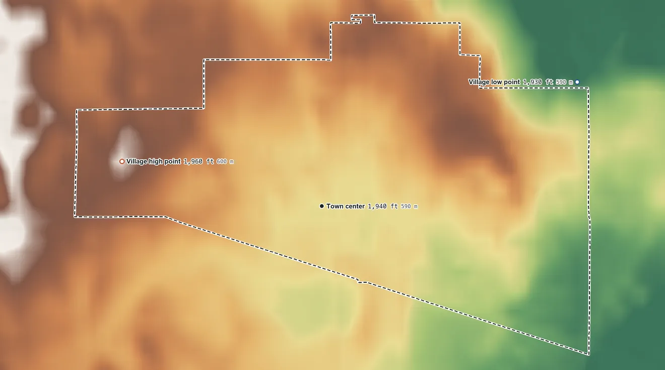 Topographic elevation map of Orchard, Nebraska, shaded from 1,930 ft on the northeast side to 1,960 ft on the west side