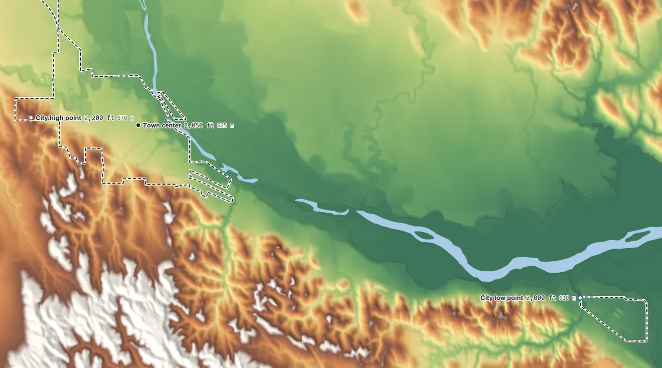 Topographic elevation map of Ord, Nebraska, shaded from 2,000 ft on the east side to 2,200 ft on the west side