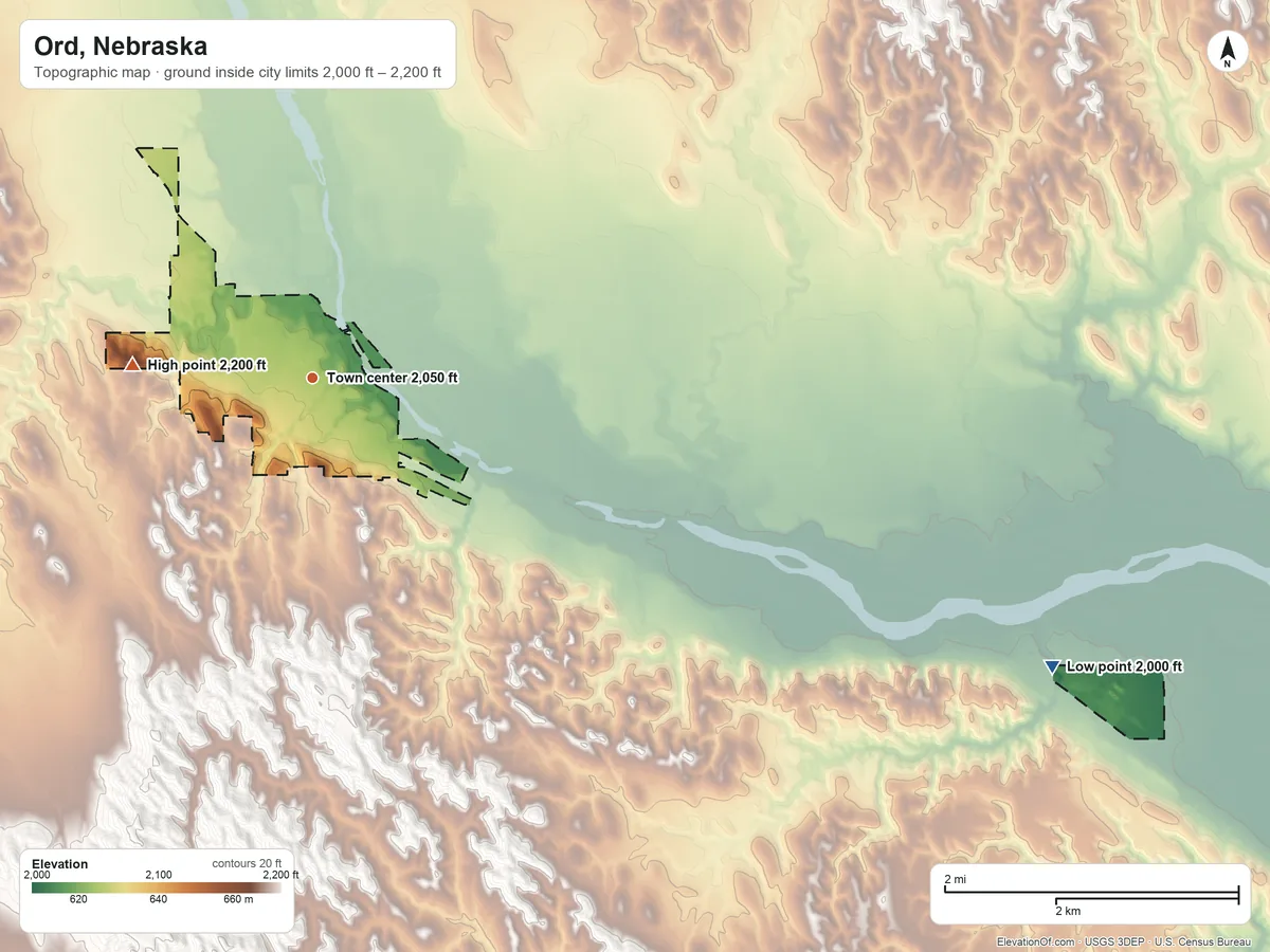 Topographic elevation map of Ord, Nebraska, shaded from 2,000 ft on the east side to 2,200 ft on the west side