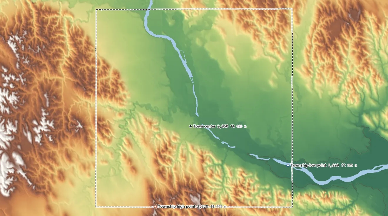 Topographic elevation map of Ord Township, Nebraska, shaded from 1,990 ft on the east side to 2,320 ft on the southwest side