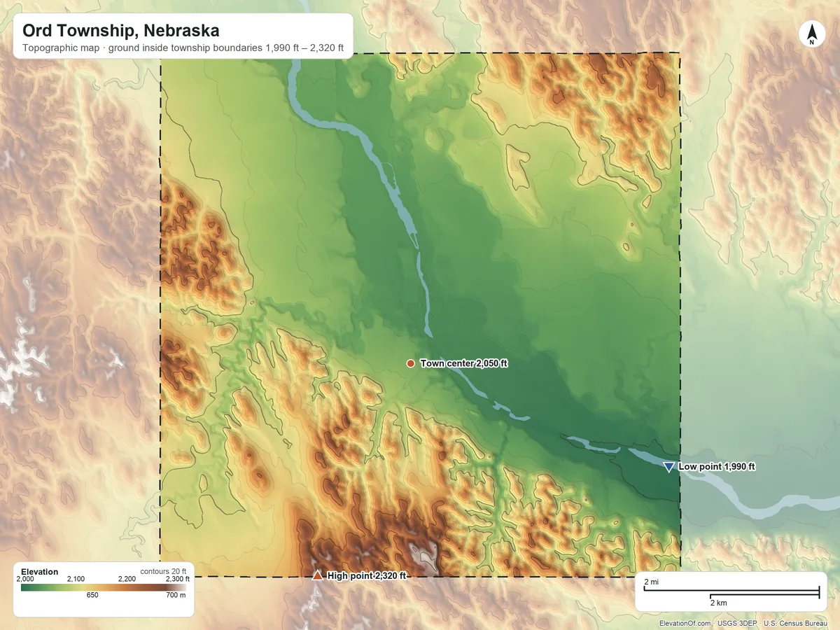 Topographic elevation map of Ord Township, Nebraska, shaded from 1,990 ft on the east side to 2,320 ft on the southwest side