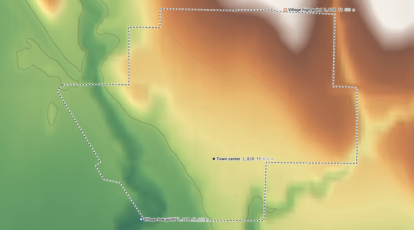 Topographic elevation map of Orleans, Nebraska, shaded from 1,980 ft on the southwest side to 2,080 ft on the northeast side