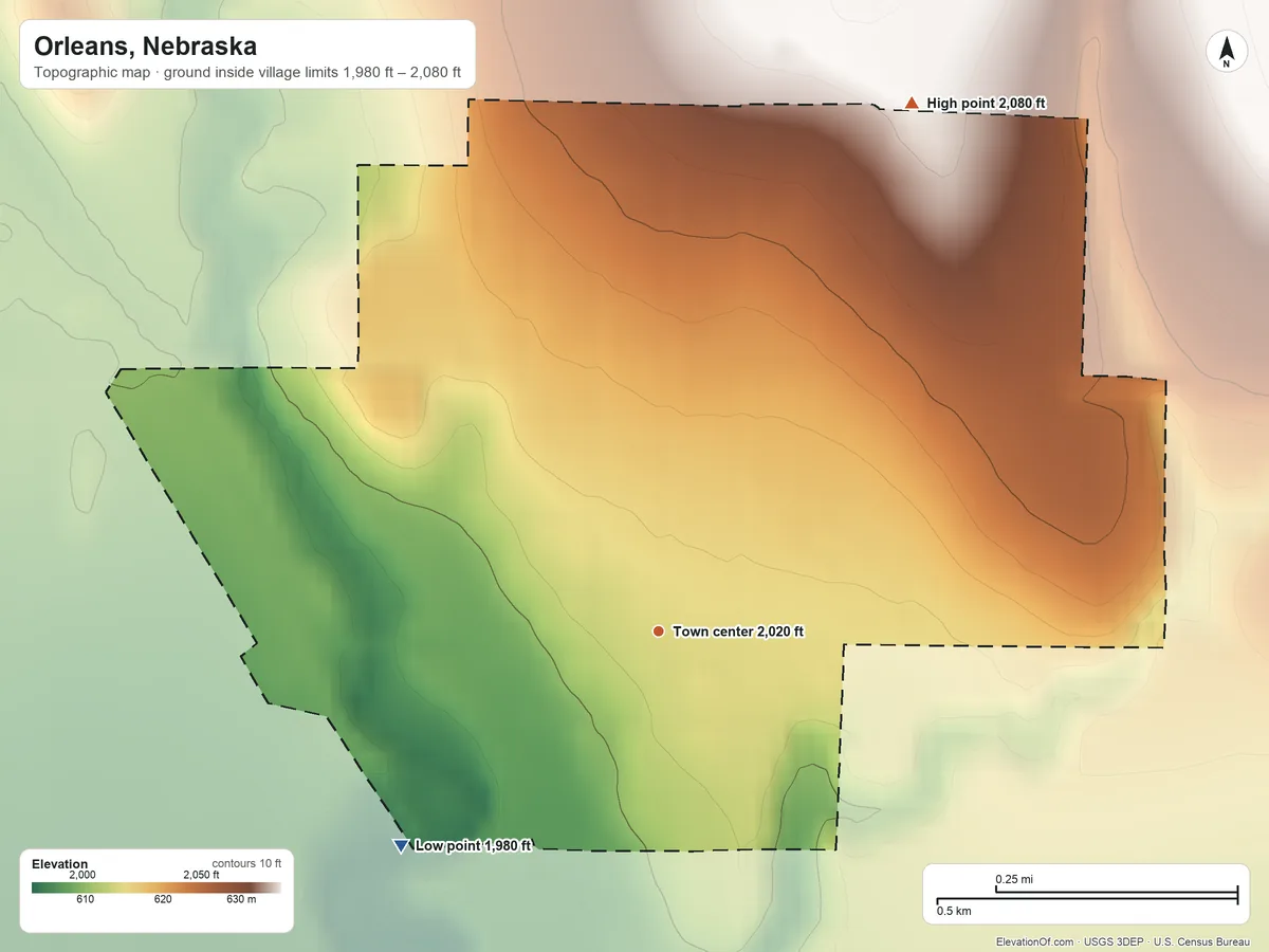 Topographic elevation map of Orleans, Nebraska, shaded from 1,980 ft on the southwest side to 2,080 ft on the northeast side