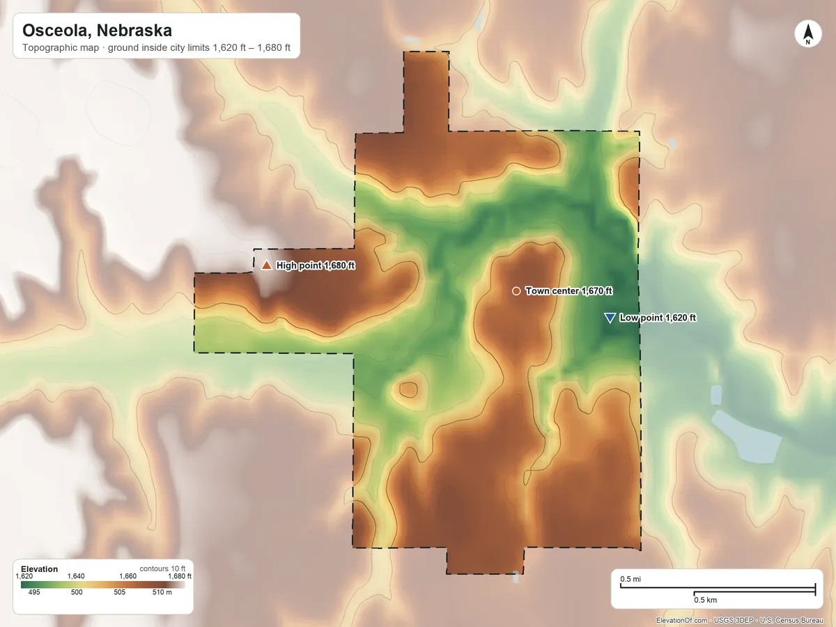 Topographic elevation map of Osceola, Nebraska, shaded from 1,620 ft on the east side to 1,680 ft on the west side