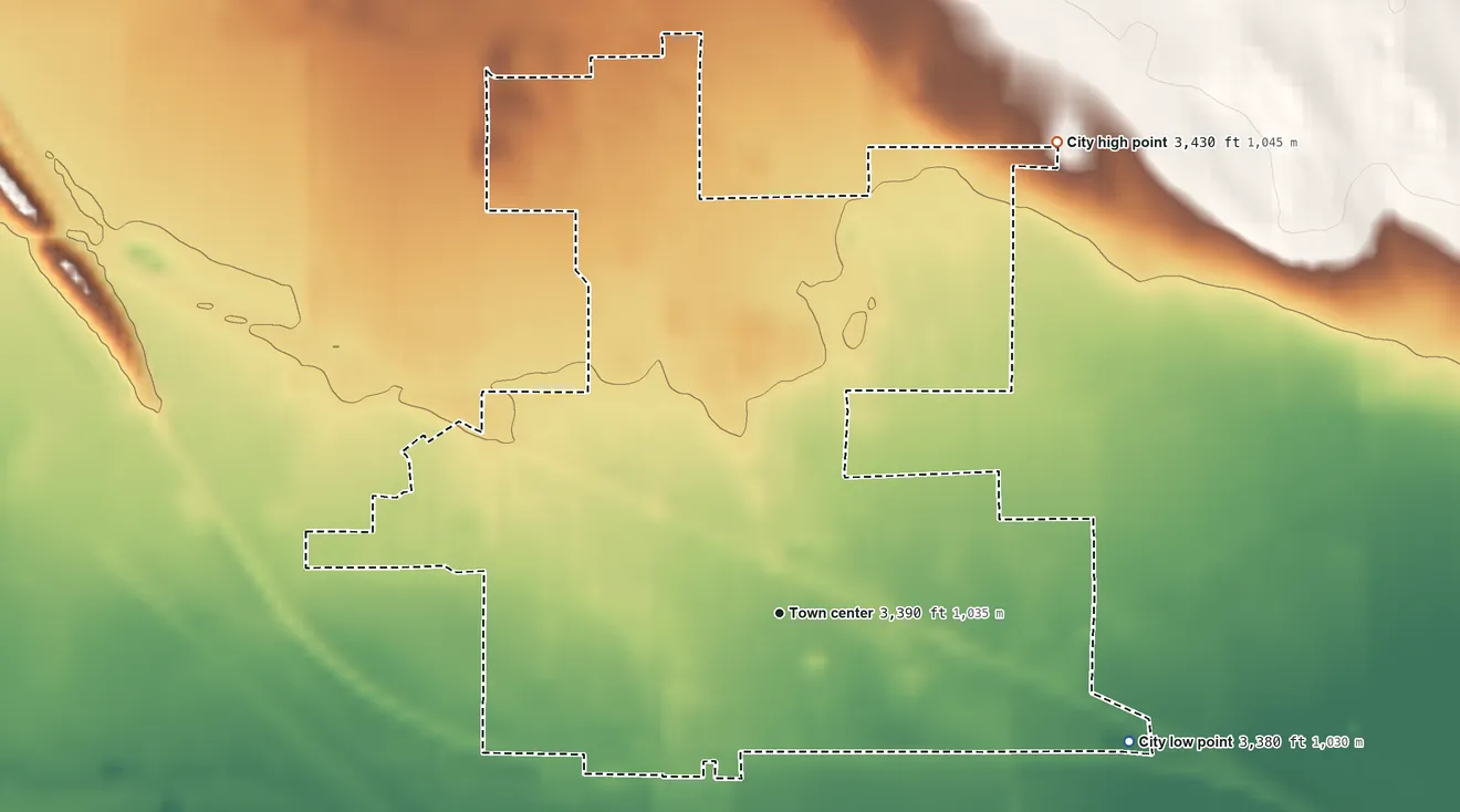Topographic elevation map of Oshkosh, Nebraska, shaded from 3,380 ft on the east side to 3,430 ft on the northeast side