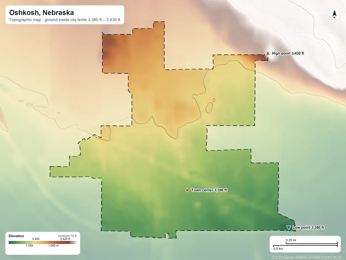 Topographic elevation map of Oshkosh, Nebraska, shaded from 3,380 ft on the east side to 3,430 ft on the northeast side