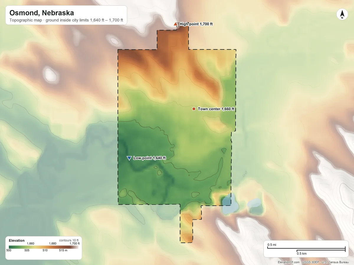 Topographic elevation map of Osmond, Nebraska, shaded from 1,640 ft on the southwest side to 1,700 ft on the north side
