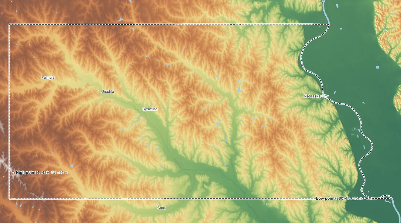 Topographic elevation map of Otoe County, Nebraska, shaded from 900 ft on the southeast side to 1,450 ft on the west side