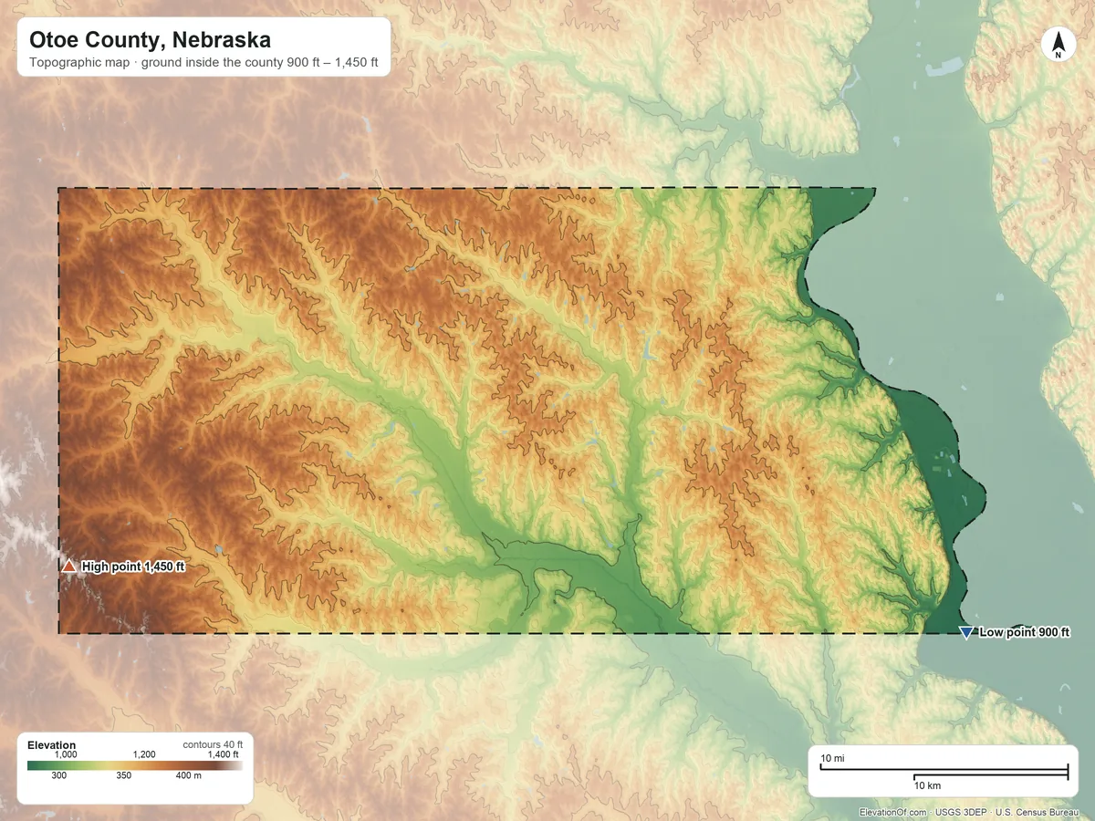 Topographic elevation map of Otoe County, Nebraska, shaded from 900 ft on the southeast side to 1,450 ft on the west side