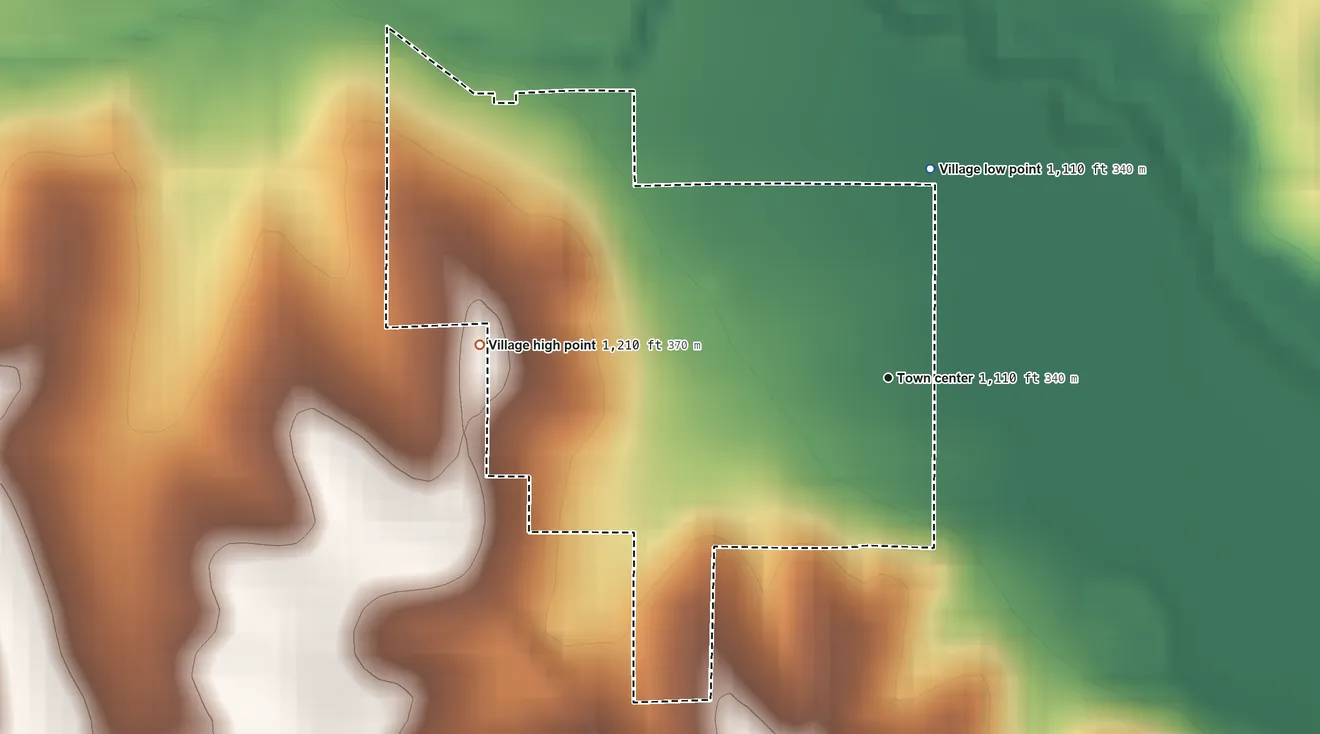 Topographic elevation map of Otoe, Nebraska, shaded from 1,110 ft on the north side to 1,210 ft on the west side