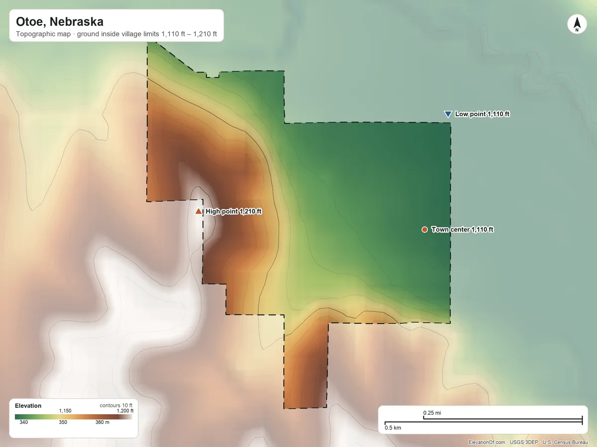 Topographic elevation map of Otoe, Nebraska, shaded from 1,110 ft on the north side to 1,210 ft on the west side