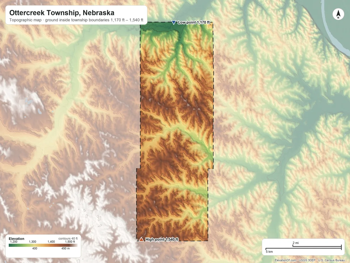 Topographic elevation map of Ottercreek Township, Nebraska, shaded from 1,170 ft on the north side to 1,540 ft on the southwest side