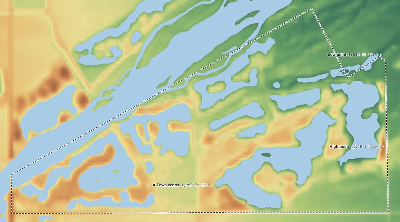 Topographic elevation map of Overland, Nebraska, shaded from 1,690 ft on the northeast side to 1,710 ft on the east side