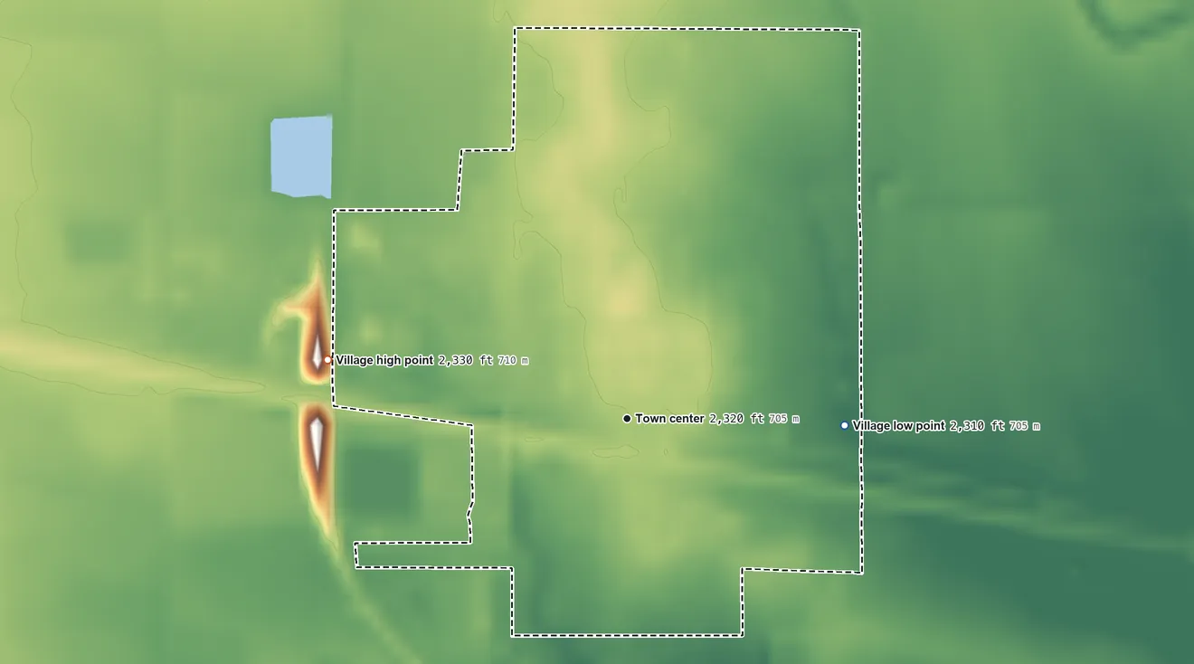 Topographic elevation map of Overton, Nebraska, shaded from 2,310 ft on the east side to 2,330 ft on the west side