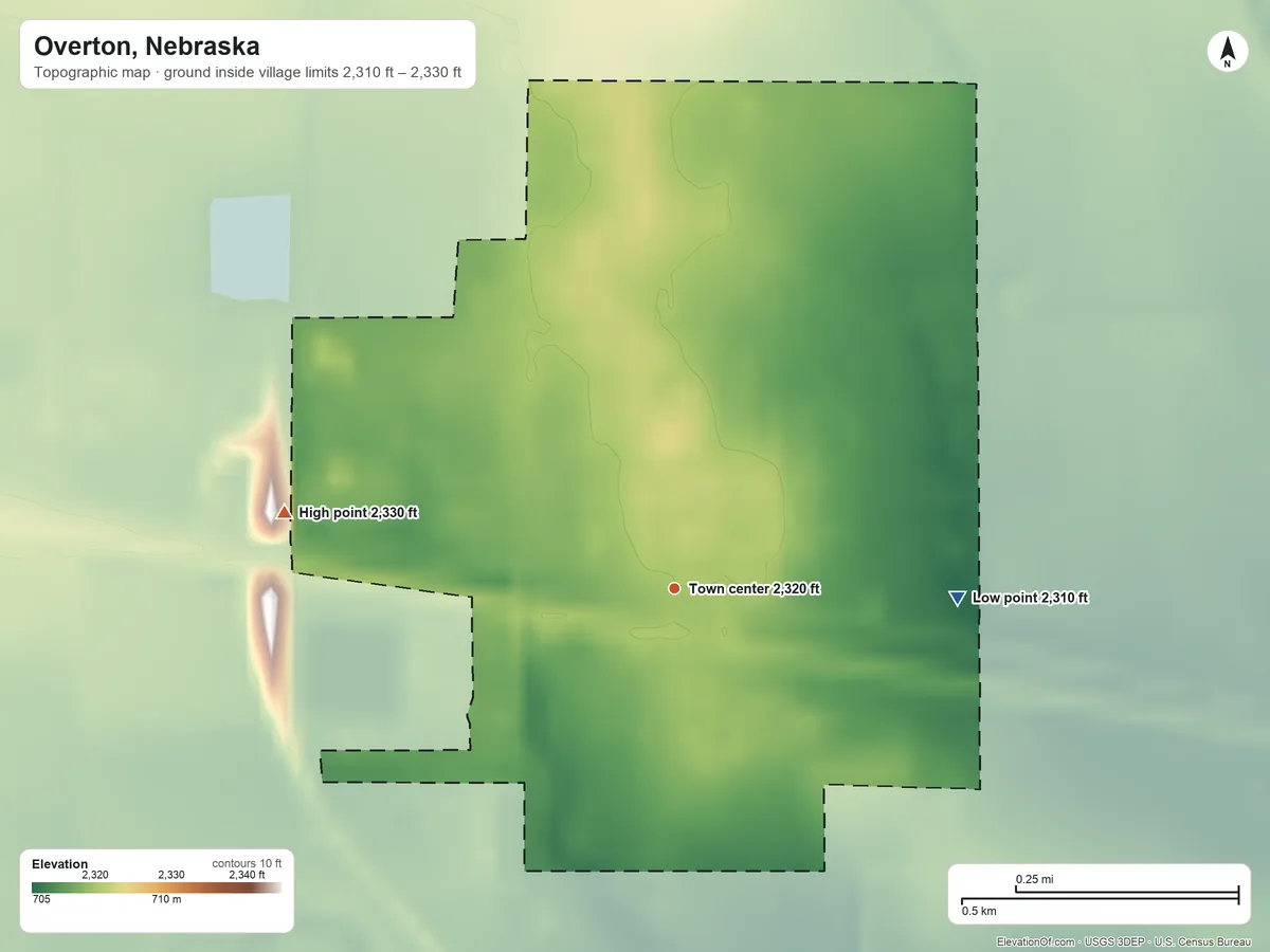 Topographic elevation map of Overton, Nebraska, shaded from 2,310 ft on the east side to 2,330 ft on the west side