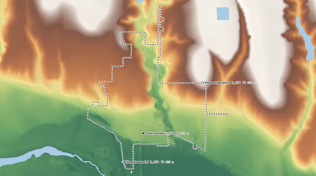 Topographic elevation map of Oxford, Nebraska, shaded from 2,050 ft on the southwest side to 2,170 ft on the northeast side