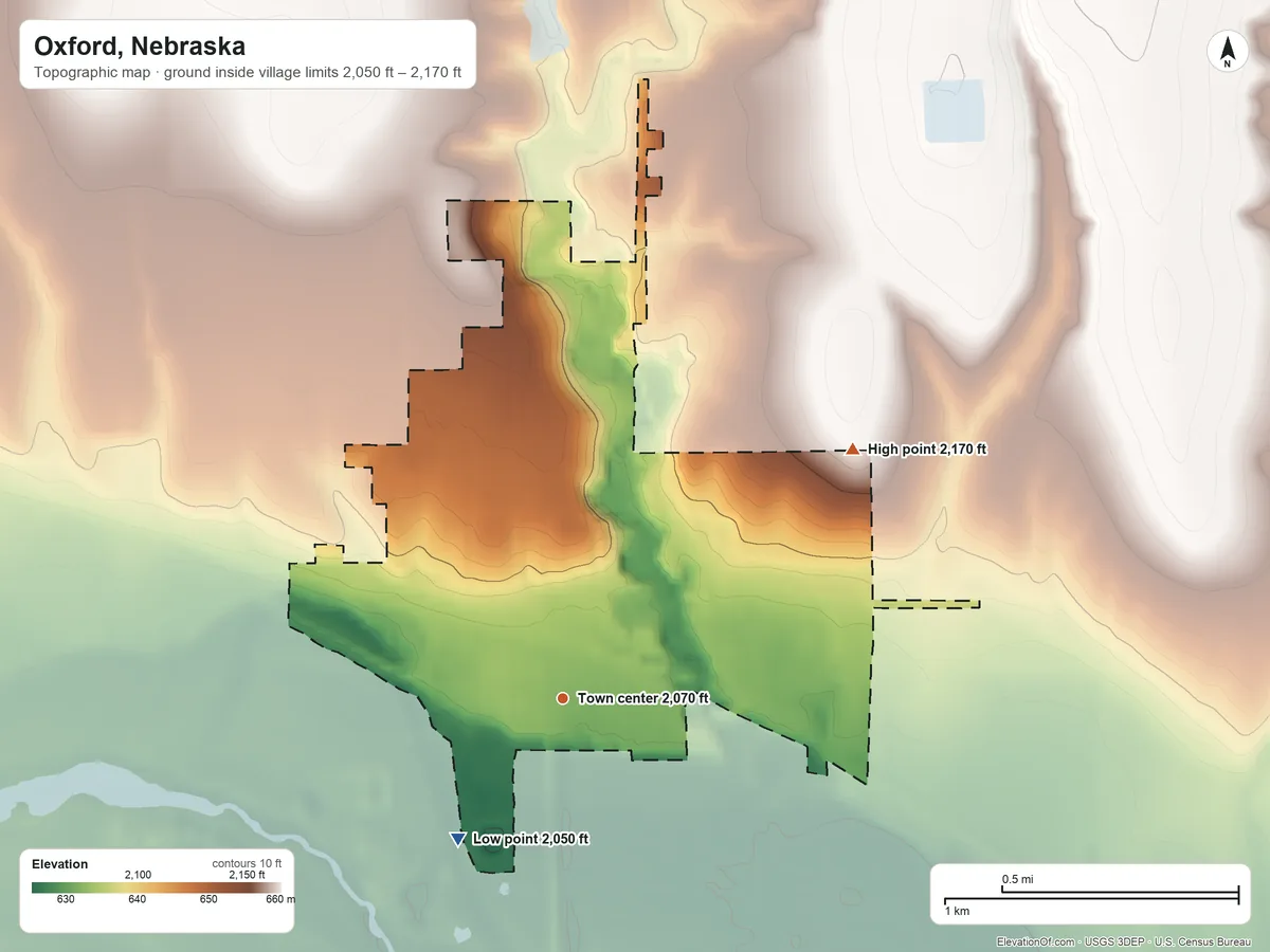 Topographic elevation map of Oxford, Nebraska, shaded from 2,050 ft on the southwest side to 2,170 ft on the northeast side