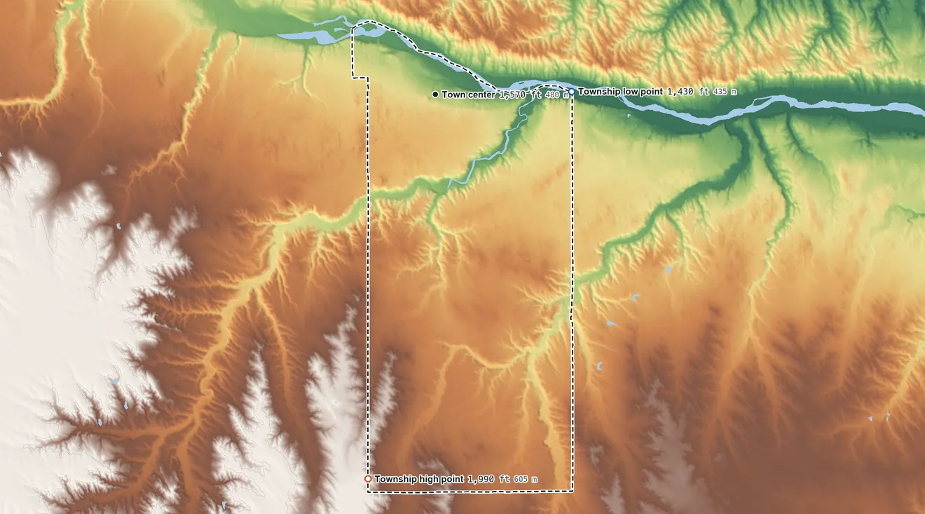 Topographic elevation map of Paddock Township, Holt County, Nebraska, shaded from 1,430 ft on the east side to 1,990 ft on the south side