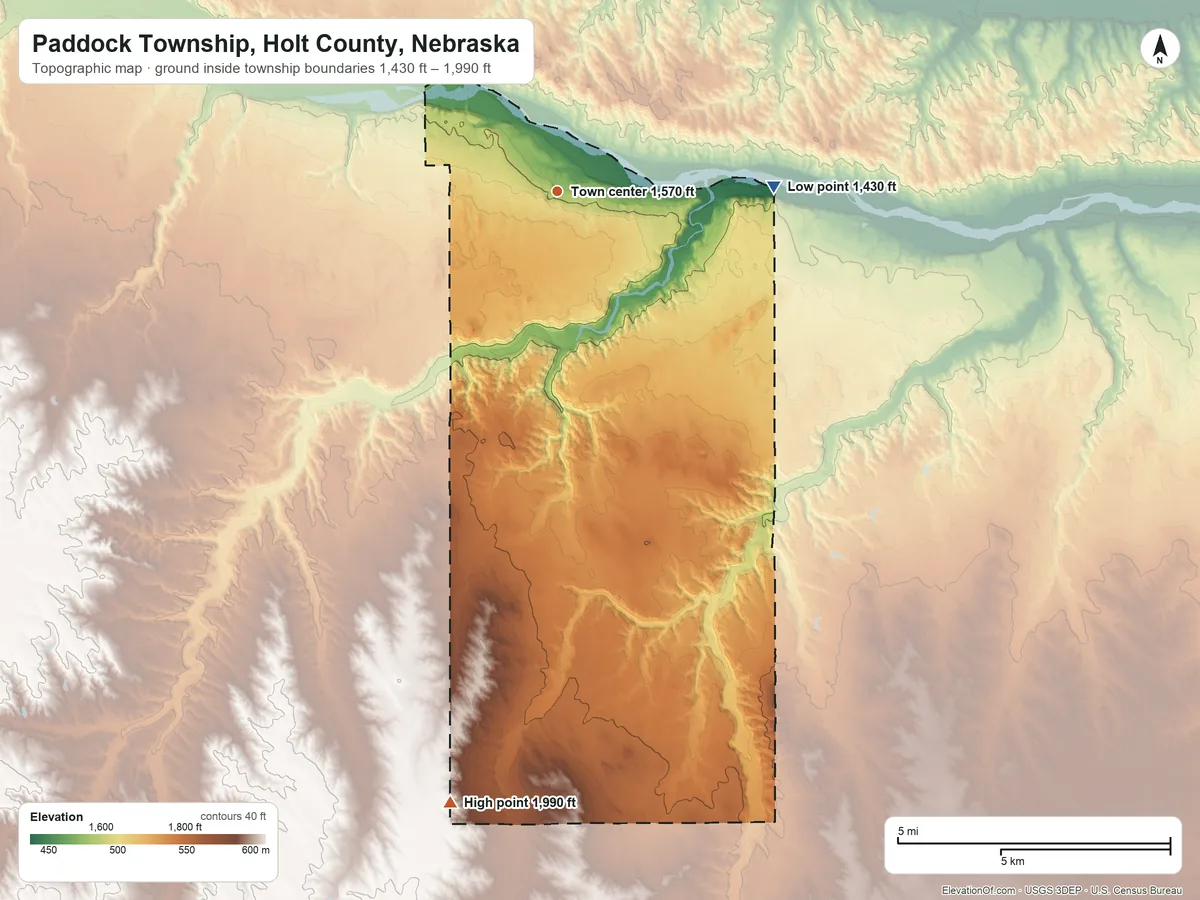 Topographic elevation map of Paddock Township, Holt County, Nebraska, shaded from 1,430 ft on the east side to 1,990 ft on the south side