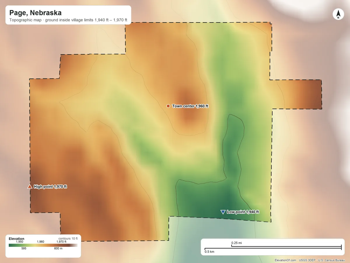 Topographic elevation map of Page, Nebraska, shaded from 1,940 ft on the southeast side to 1,970 ft on the southwest side