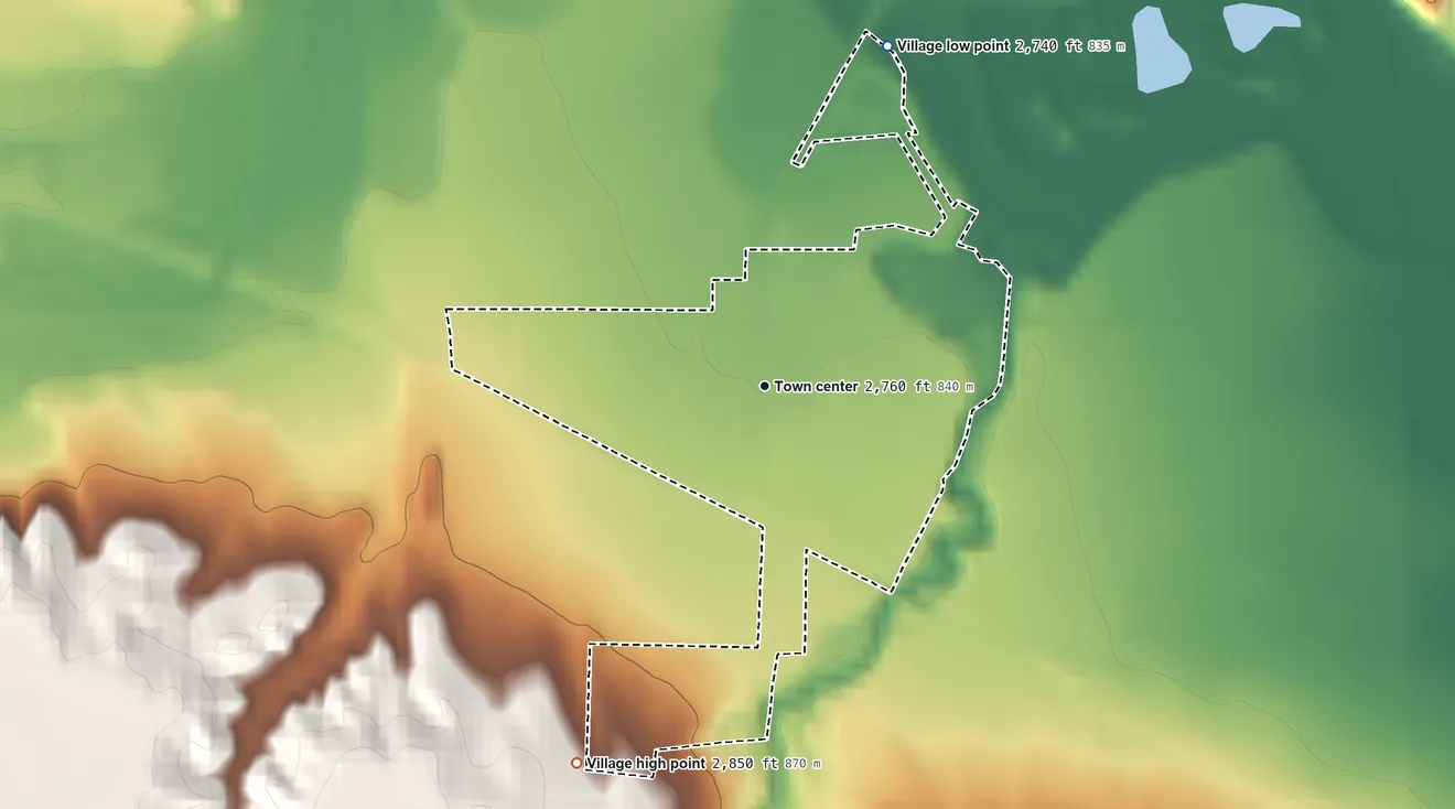 Topographic elevation map of Palisade, Nebraska, shaded from 2,740 ft on the north side to 2,850 ft on the southwest side