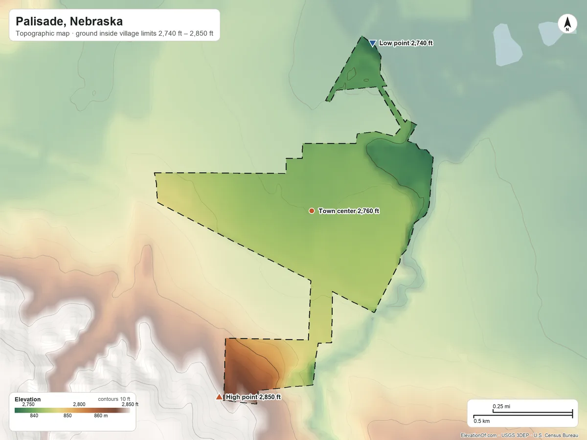 Topographic elevation map of Palisade, Nebraska, shaded from 2,740 ft on the north side to 2,850 ft on the southwest side
