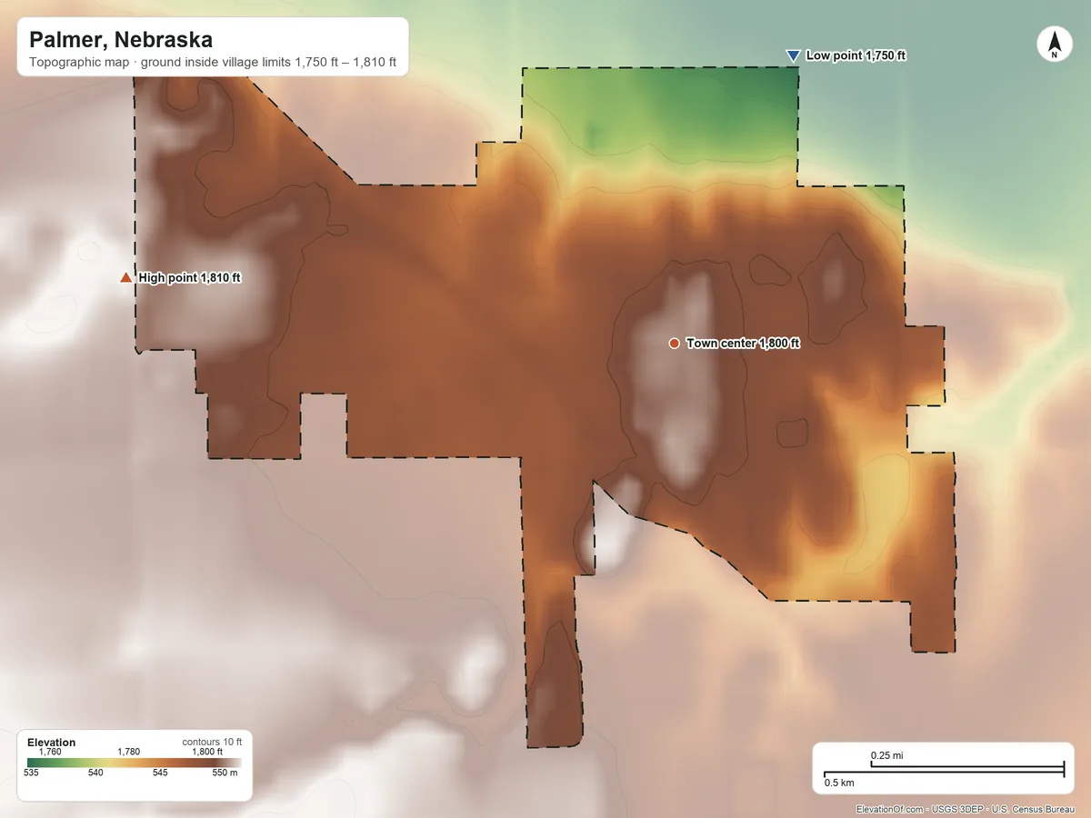 Topographic elevation map of Palmer, Nebraska, shaded from 1,750 ft on the northeast side to 1,810 ft on the west side
