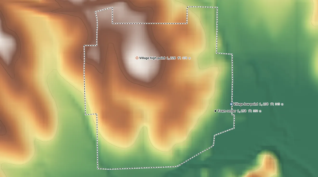 Topographic elevation map of Palmyra, Nebraska, shaded from 1,130 ft near the middle to 1,220 ft on the northwest side