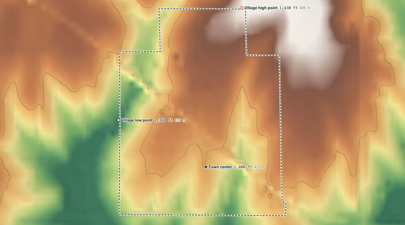 Topographic elevation map of Panama, Nebraska, shaded from 1,360 ft on the northwest side to 1,430 ft on the north side