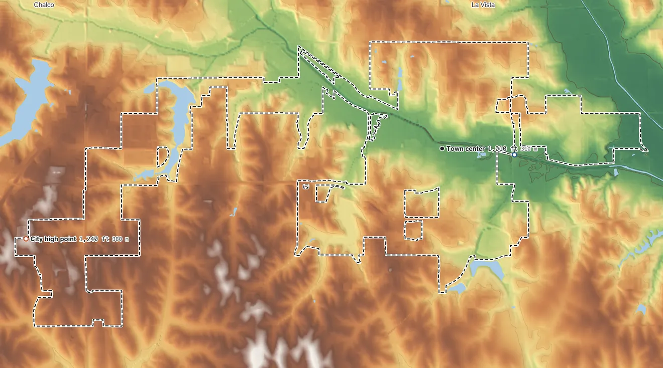 Topographic elevation map of Papillion, Nebraska, shaded from 980 ft on the east side to 1,240 ft on the west side