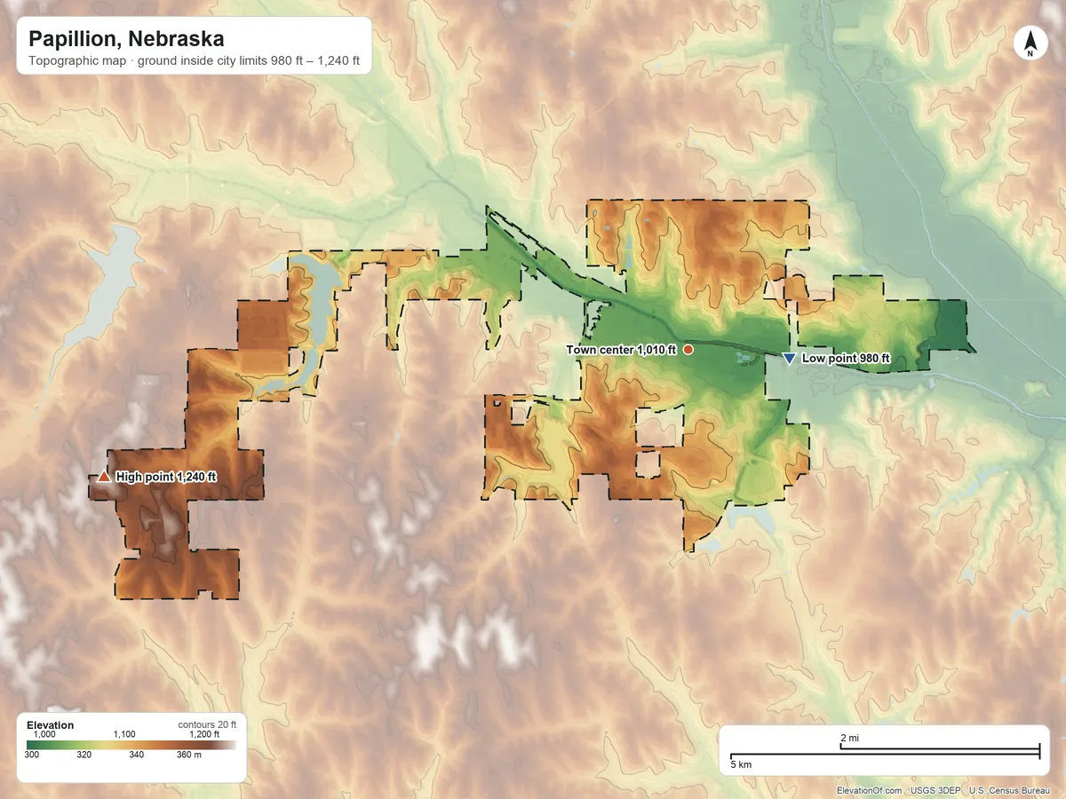 Topographic elevation map of Papillion, Nebraska, shaded from 980 ft on the east side to 1,240 ft on the west side