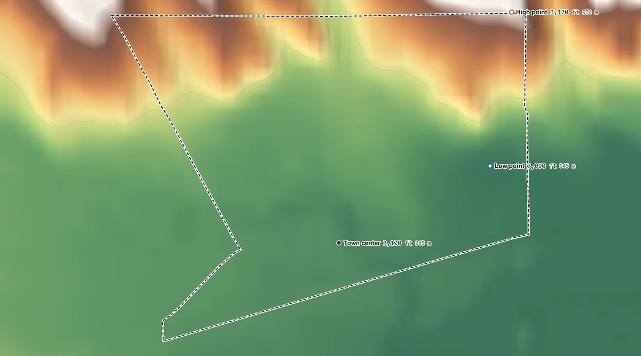 Topographic elevation map of Parks, Nebraska, shaded from 3,090 ft on the northeast side to 3,170 ft on the northeast side