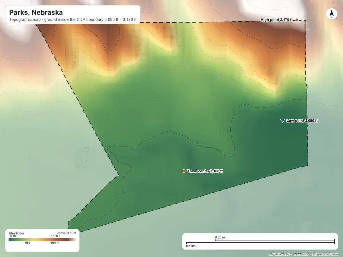 Topographic elevation map of Parks, Nebraska, shaded from 3,090 ft on the northeast side to 3,170 ft on the northeast side