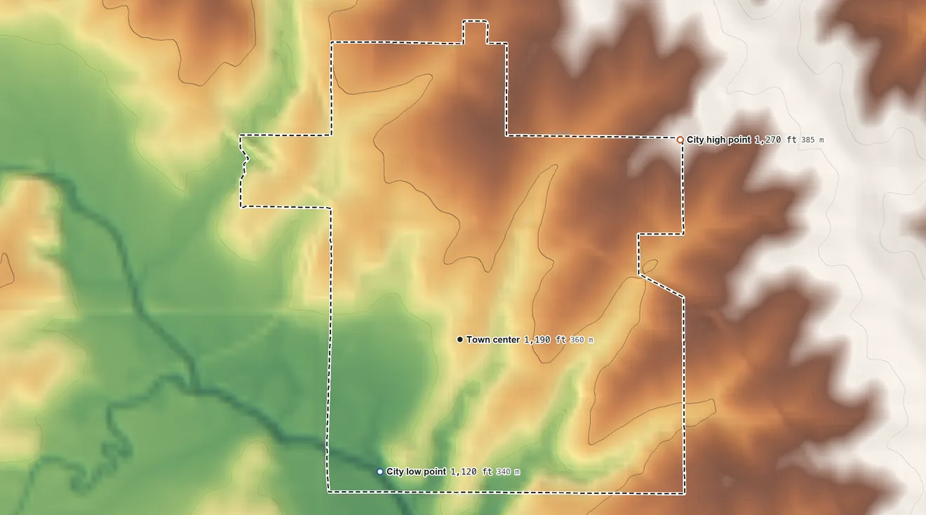 Topographic elevation map of Pawnee City, Nebraska, shaded from 1,120 ft on the southwest side to 1,270 ft on the northeast side
