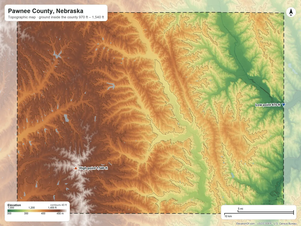 Topographic elevation map of Pawnee County, Nebraska, shaded from 970 ft on the east side to 1,540 ft on the southwest side
