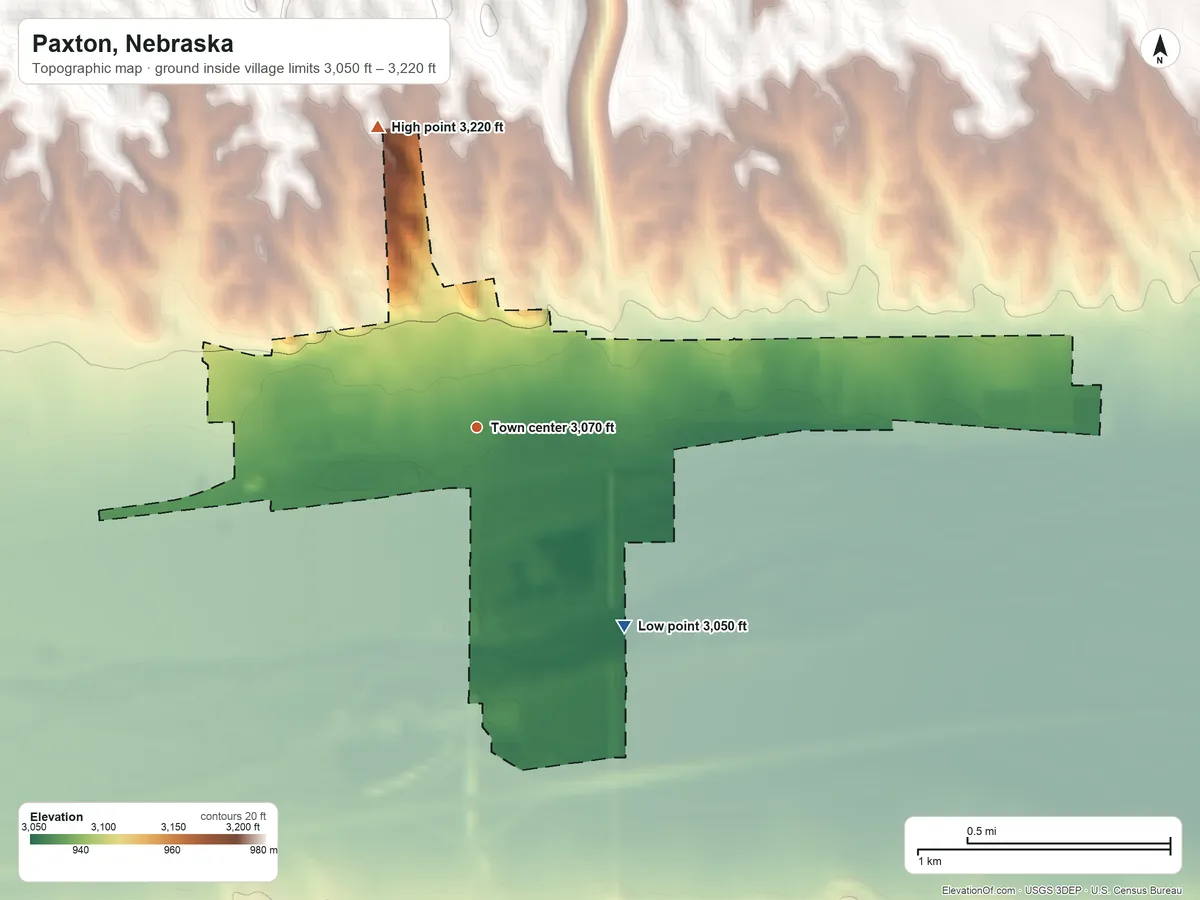 Topographic elevation map of Paxton, Nebraska, shaded from 3,050 ft on the southeast side to 3,220 ft on the north side