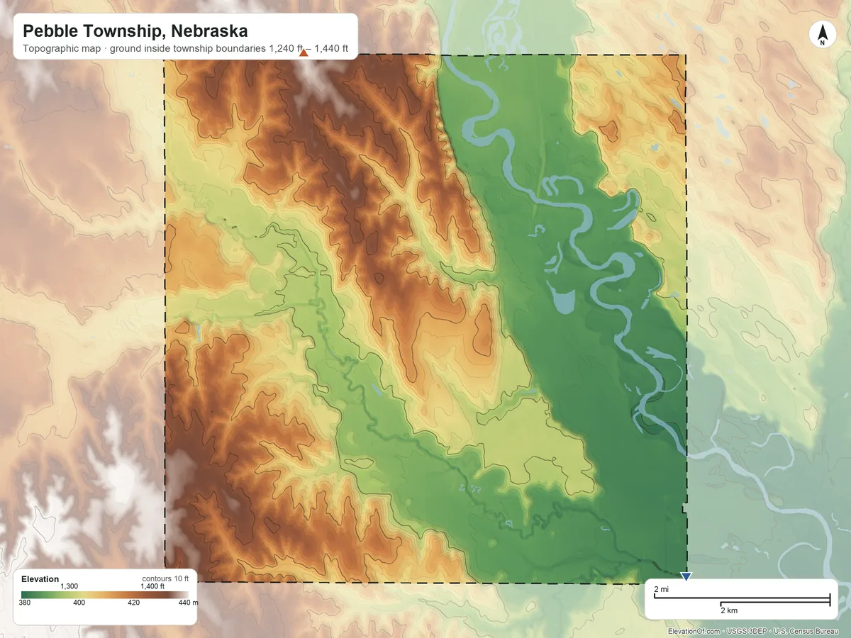 Topographic elevation map of Pebble Township, Nebraska, shaded from 1,240 ft on the southeast side to 1,440 ft on the north side
