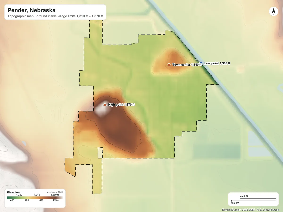 Topographic elevation map of Pender, Nebraska, shaded from 1,310 ft on the east side to 1,370 ft on the southwest side