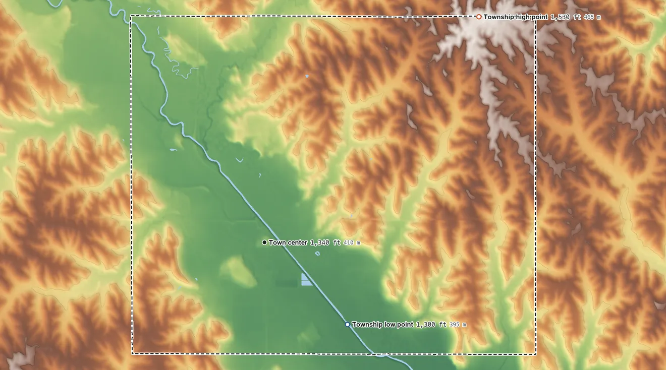 Topographic elevation map of Pender Township, Nebraska, shaded from 1,300 ft on the southeast side to 1,530 ft on the northeast side