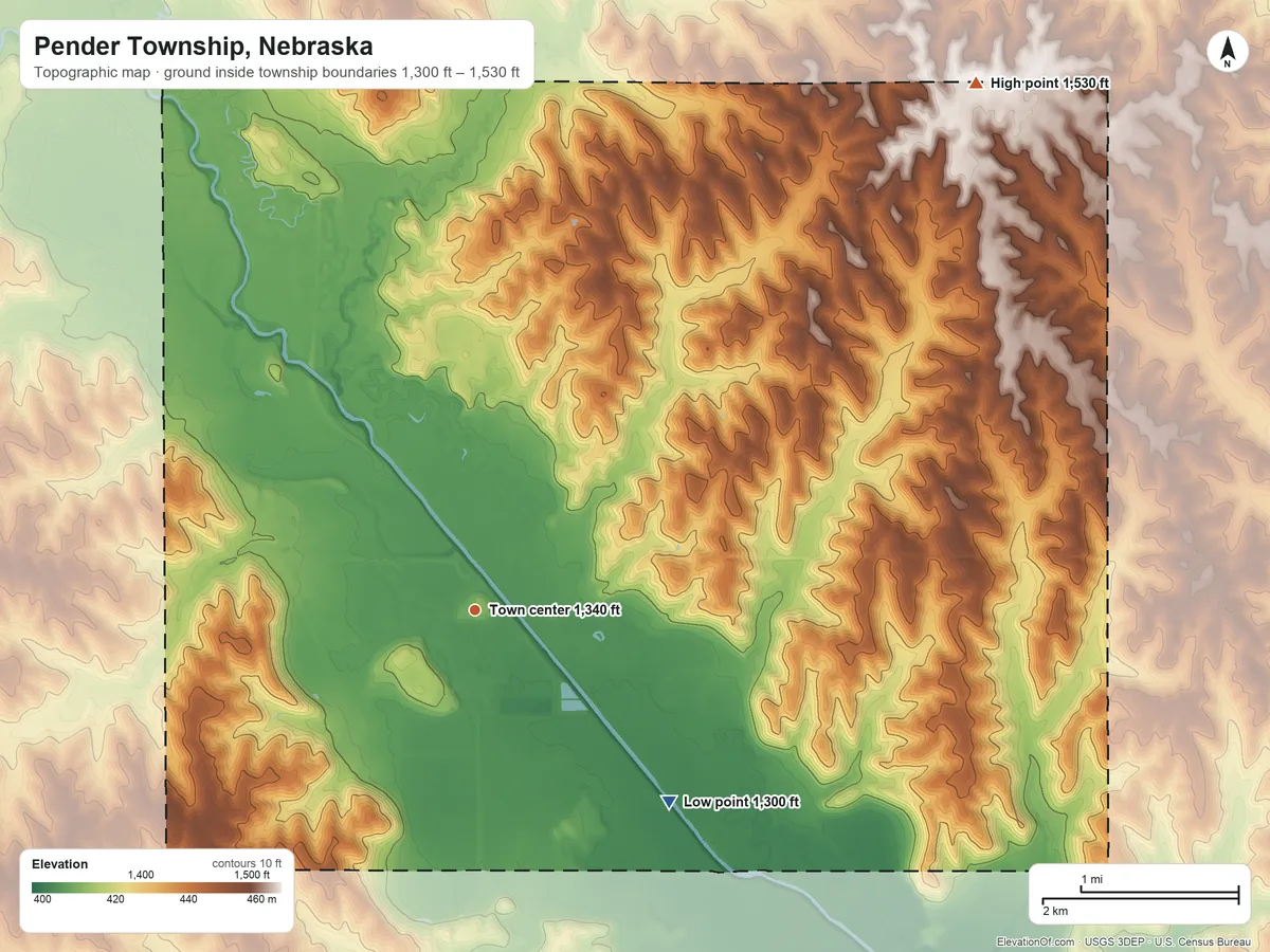 Topographic elevation map of Pender Township, Nebraska, shaded from 1,300 ft on the southeast side to 1,530 ft on the northeast side