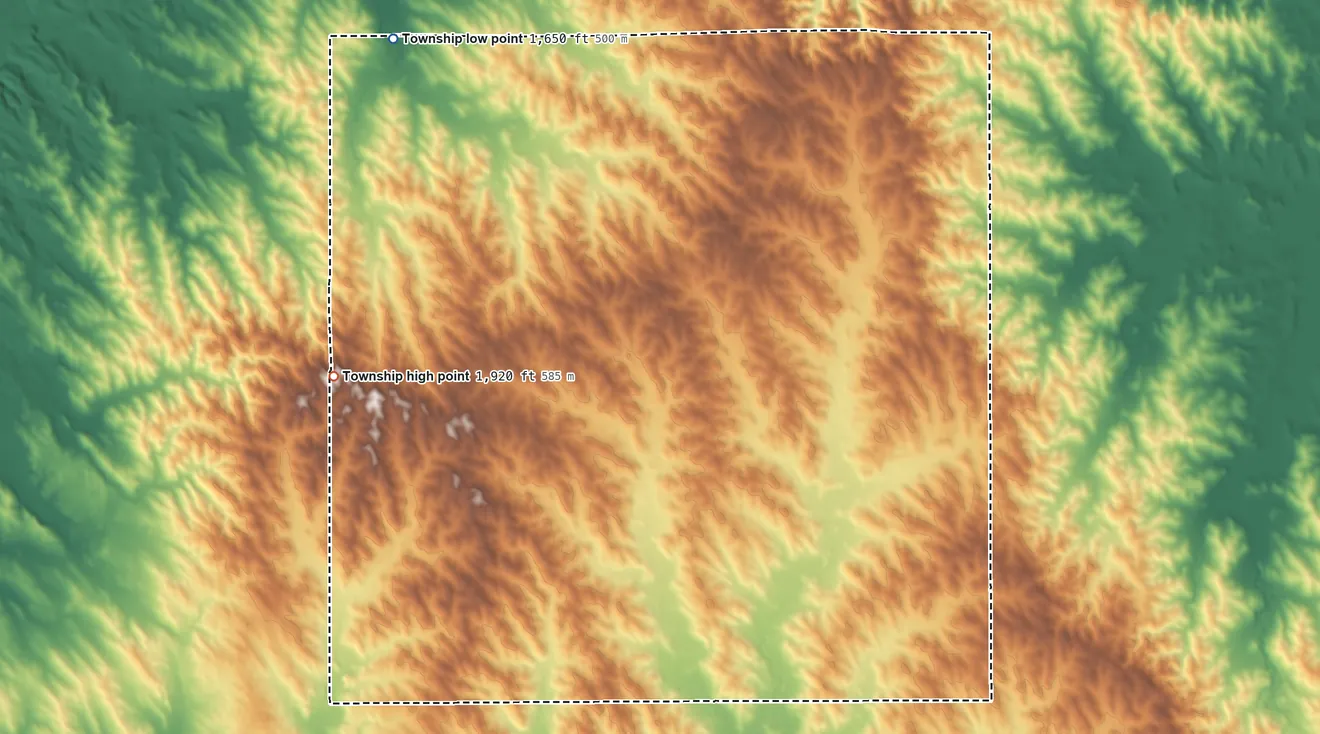 Topographic elevation map of Peoria Township, Nebraska, shaded from 1,650 ft on the northwest side to 1,920 ft on the west side