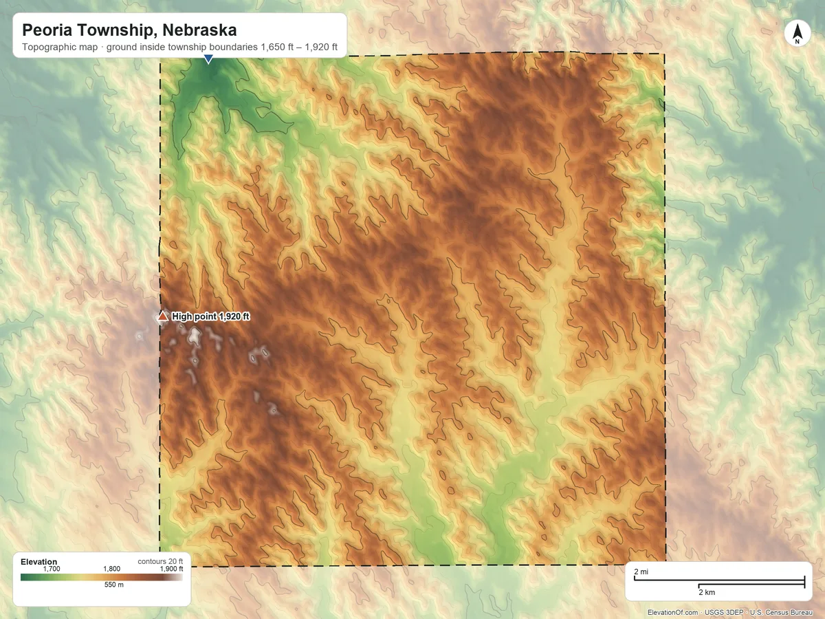 Topographic elevation map of Peoria Township, Nebraska, shaded from 1,650 ft on the northwest side to 1,920 ft on the west side