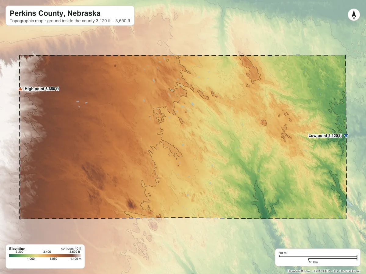 Topographic elevation map of Perkins County, Nebraska, shaded from 3,120 ft on the east side to 3,650 ft on the west side
