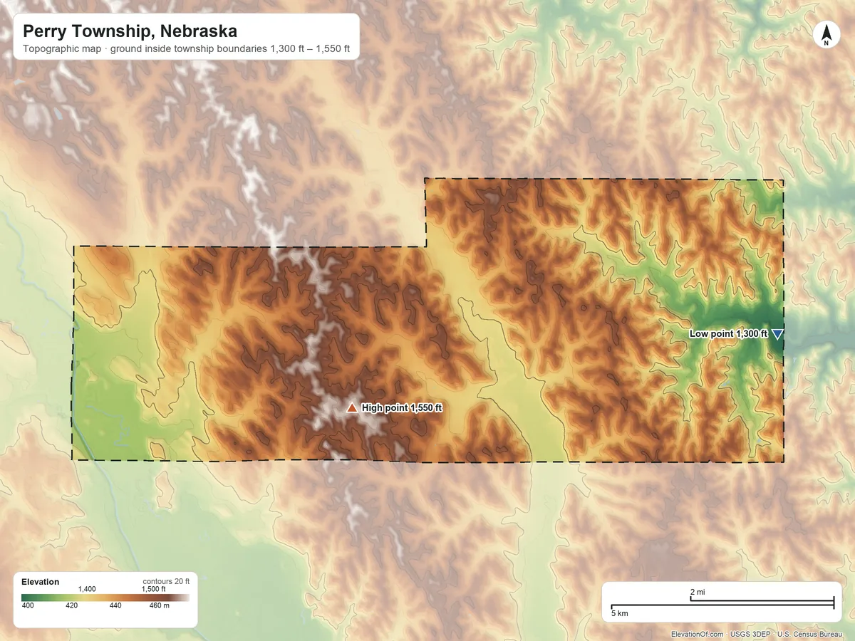 Topographic elevation map of Perry Township, Nebraska, shaded from 1,300 ft on the east side to 1,550 ft on the southwest side